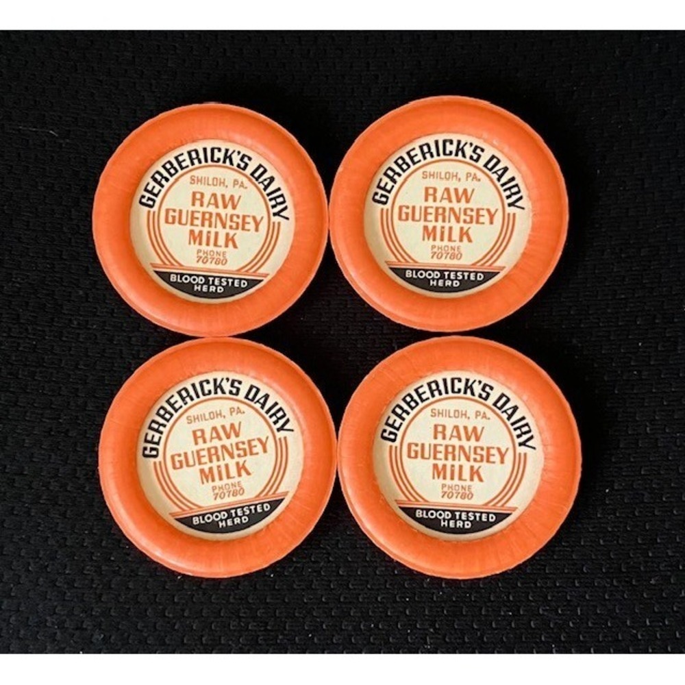4‎ VTG MILK BOTTLE CAPS GERBERICK'S DAIRY RAW GUERNSEY MILK SHILOP PENNSYLVANIA